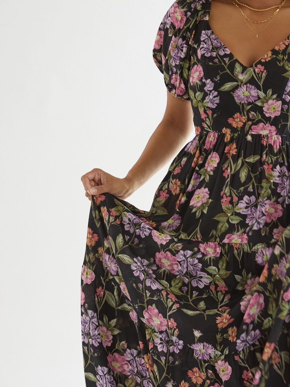 Yumi Kim Black Maxi Dress with Pink and Purple Floral Print